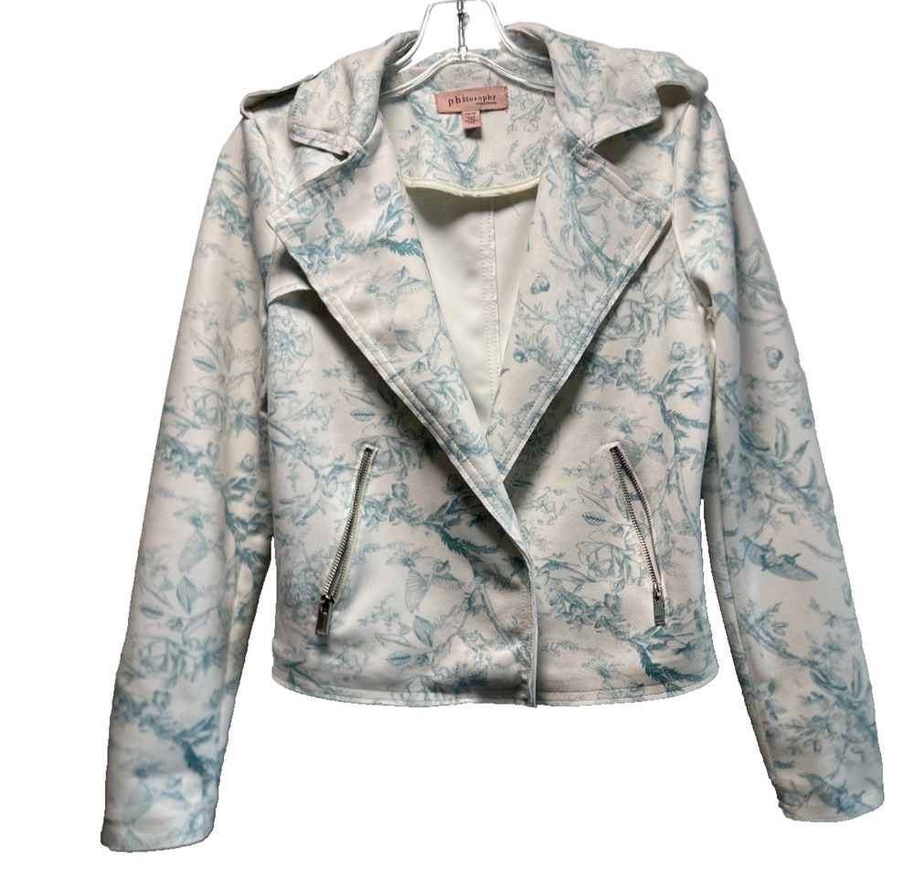 Philosophy Floral Open Front Faux Leather Moto Jacket Size XS Ivory Blue